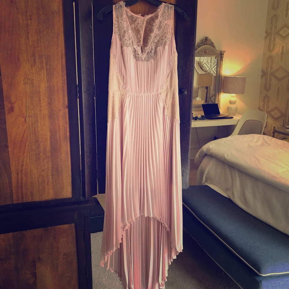 Blush pleated and lace gown